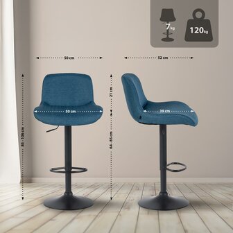 2-delige set barkrukken Silin Zwart Stof, Blauw