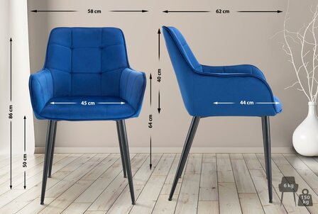 2-delige set eetkamerstoel Firndili fluweel, Blauw