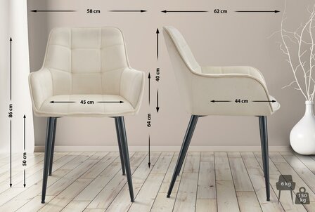 2-delige set eetkamerstoel Firndili fluweel, Creme