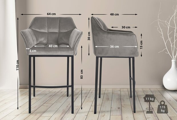 Barstoel Domasa B Fluweel met 4-poots frame, Grijs