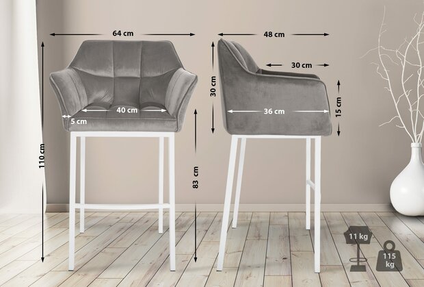 Barstoel Domasa W Fluweel met 4-poots frame, Grijs