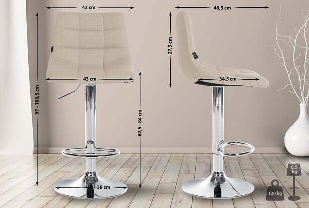2-delige set barkruk Jirra stof chroom, Creme