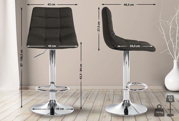 2-delige set barkrukken Jirra stof chroom, Grijs
