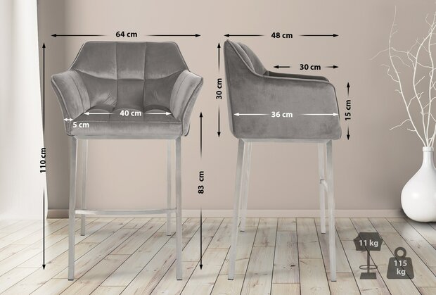 Barstoel Demosa A Samt met 4-poots frame, Grijs