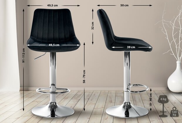 Barstoel Tino Fluweel chroom, Zwart
