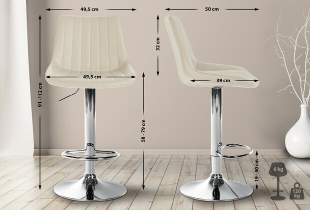 Barstoel Tino Kunstleer chroom, Creme