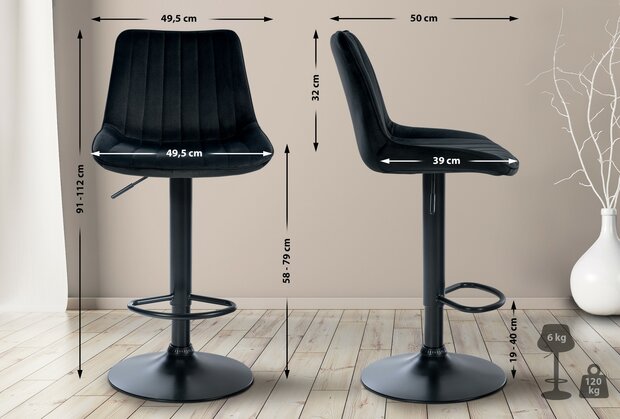 Barstoel Tino Fluweel zwart, Zwart