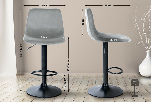 Barstoel Dovi Fluweel Zwart, Grijs