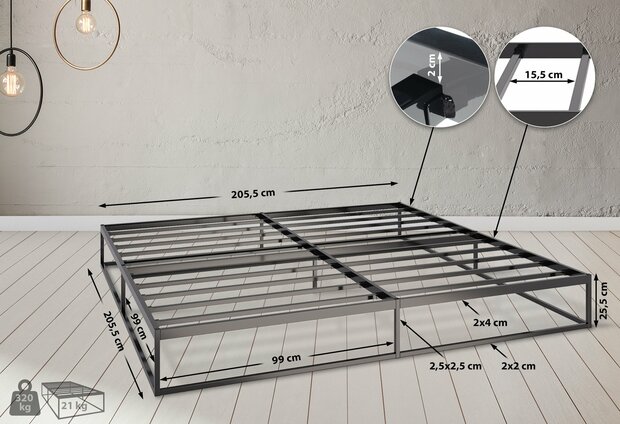 Metalen bed Scili 200x200x25 cm, Zwart