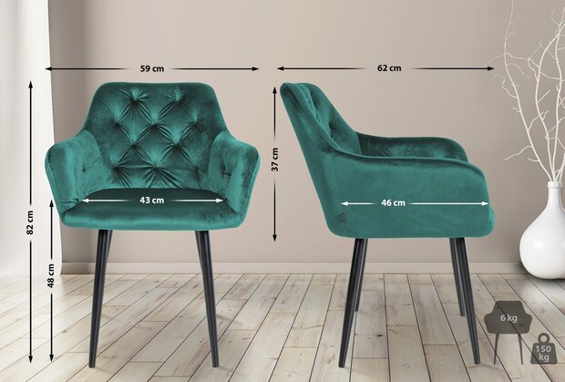 2-delige set eetkamerstoelen Stenlay Fluweel, Groen