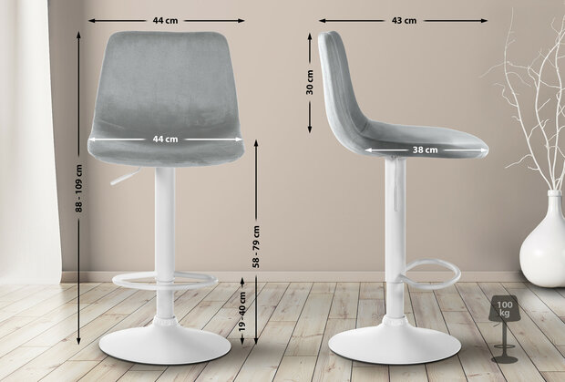 2-delige set barkrukken Dovi fluweel wit, Grijs