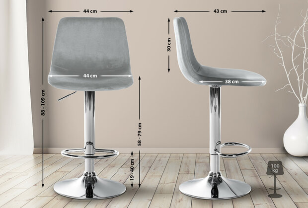 2-delige set barstoelen Dovi fluweel chroom, Grijs