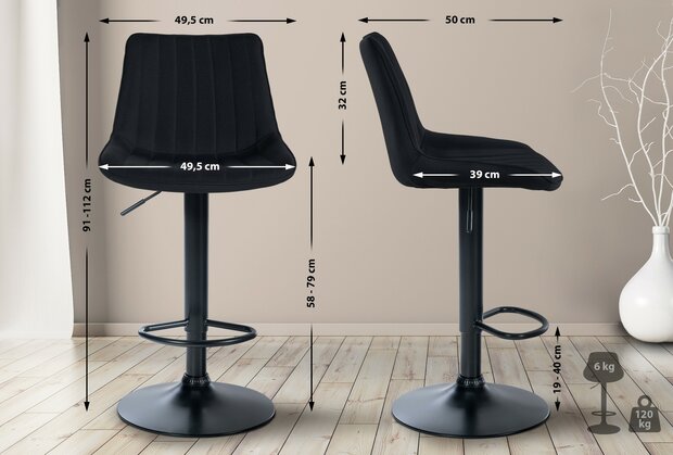 2-delige set barkruk Tino stof zwart, Zwart