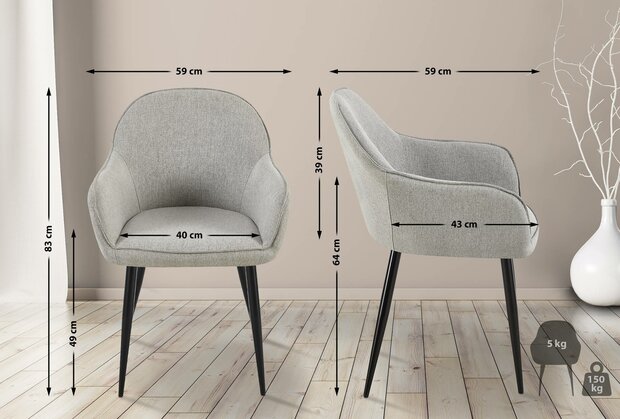 2-delige set eetkamerstoelen Beiso Stof, Grijs