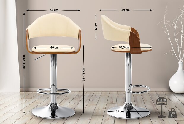 2-delige set barkrukken Nelsi kunstleer chroom, Creme