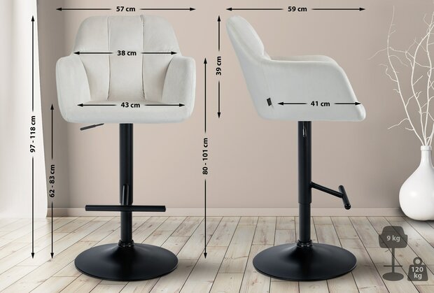 Barkruk Nitimi Fluweel zwart, Creme