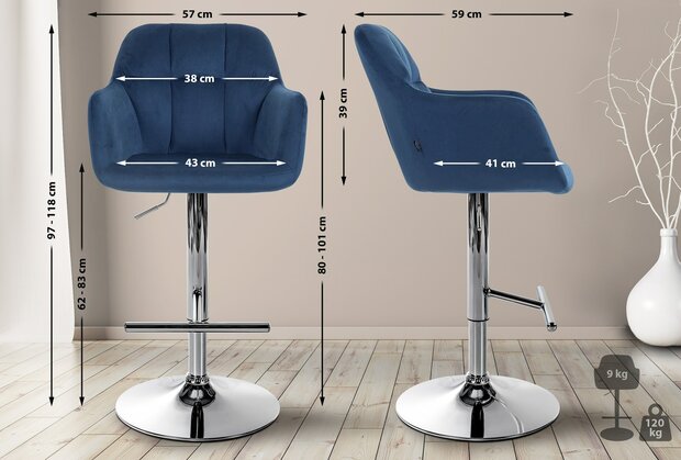 Barkruk Nitimi Fluweel chroom, Blauw