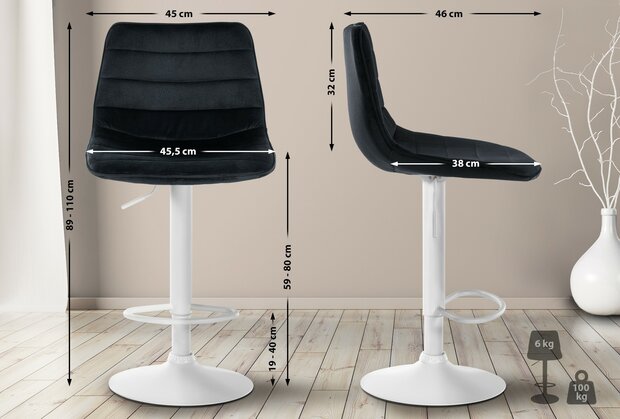 2-delige set barkrukken Lix fluweel wit, Zwart