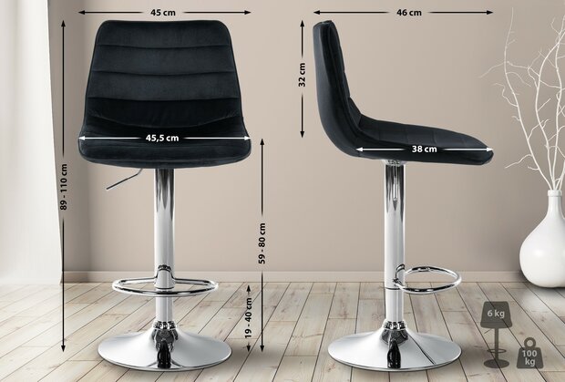 2-delige set barkrukken Lix fluweel chroom, Zwart