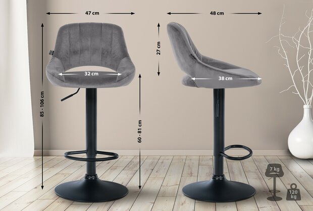 2-delige set barkrukken Melit fluweel B, Grijs
