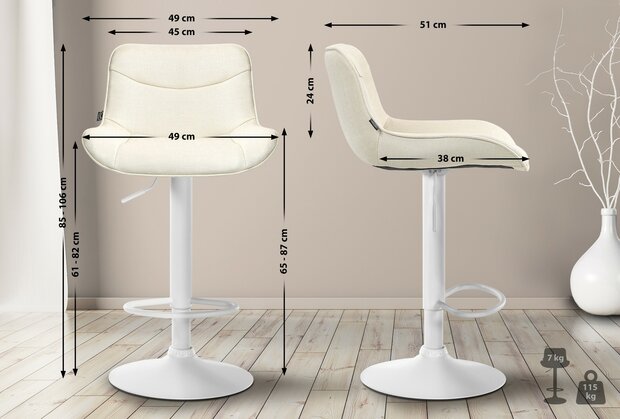 2-delige set barkrukken Venoro stof wit, Creme