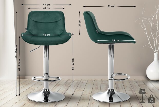 2-delige set barkrukken Venoro fluweel chroom, Groen