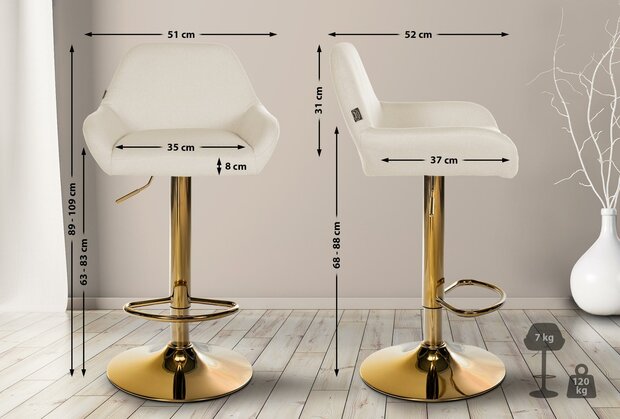 2-delige set barkrukken Braga Goud Stof, Creme