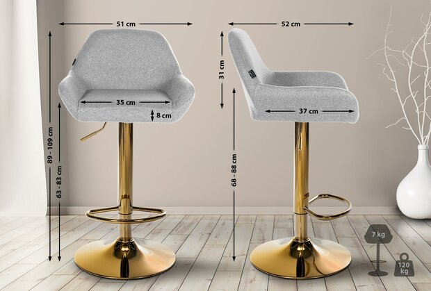 2-delige set barkrukken Braga Goud Stof, Grijs