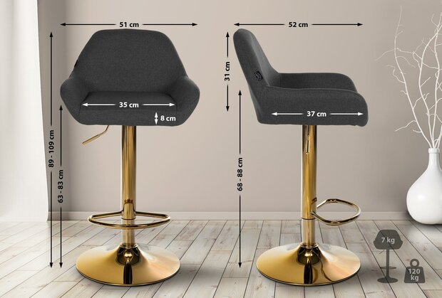 2-delige set barkrukken Braga Goud Stof, Zwart
