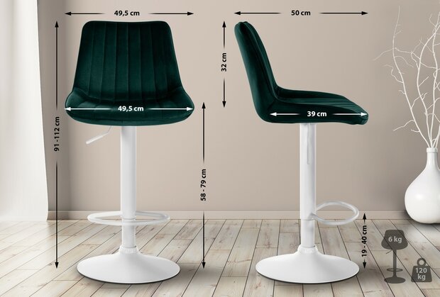 2-delige set barkruk Tino fluweel wit, Groen