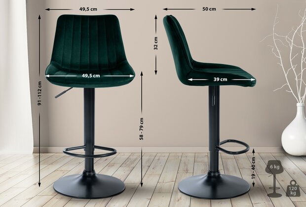 Barkruk Tino Fluweel zwart, Groen
