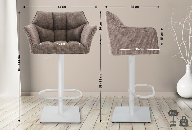 2-delige set barkruk Domasa stof wit, Bruin