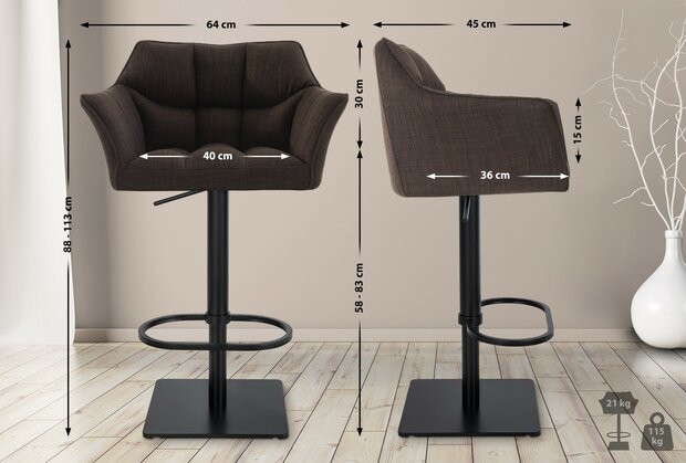 2-delige set barkruk Domasa stof zwart, Bruin