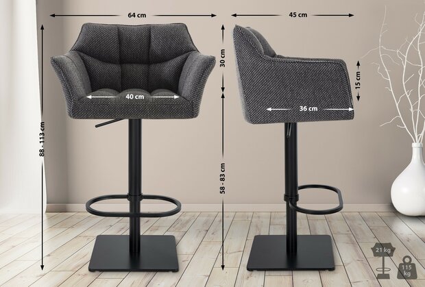 2-delige set barkruk Domasa stof zwart, Grijs