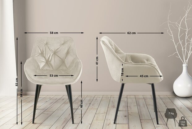 4-delige set stoelen Tinni fluweel, Creme