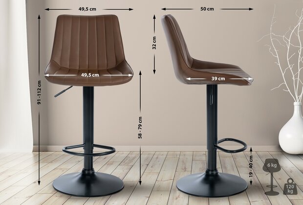 2-delige set barkruk Tino kunstleer zwart, Bruin