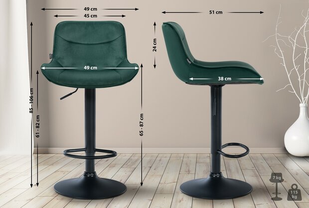 Barkruk Venoro Fluweel zwart, Groen