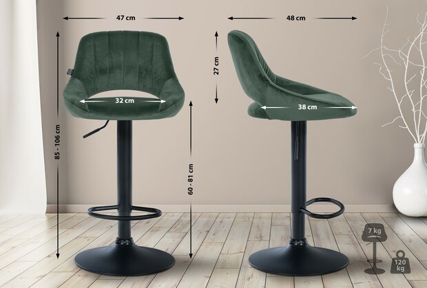 2-delige set barkrukken Melit fluweel B, Groen