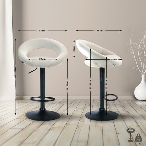 Barkruk Alindo Fluweel zwart, Creme