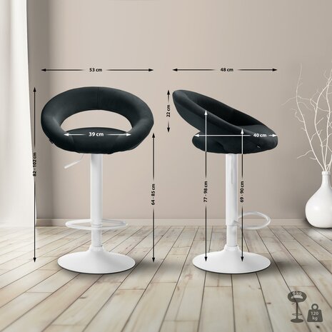 Barkruk Alindo fluweel wit, Zwart