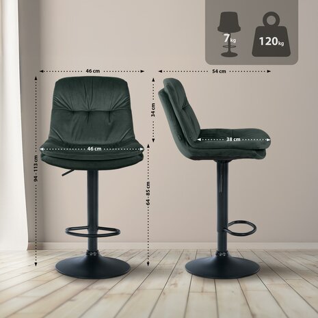 Barkruk Leural Fluweel zwart, Groen