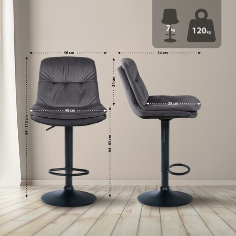 Barkruk Leural Fluweel zwart, Grijs