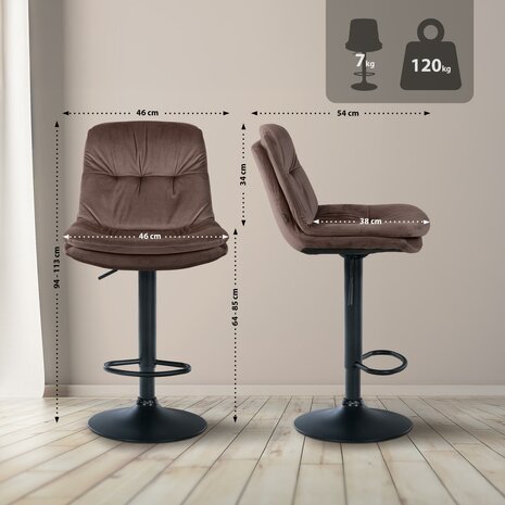 Barkruk Leural Fluweel zwart, Bruin