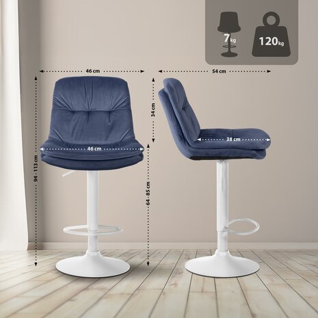 Barkruk Leural Fluweel wit, Blauw