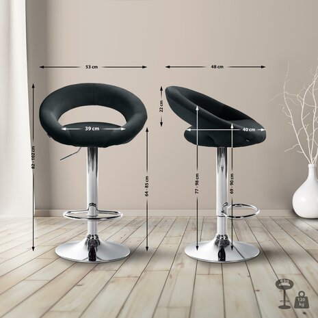 Barkruk Alindo Fluweel chroom, Zwart