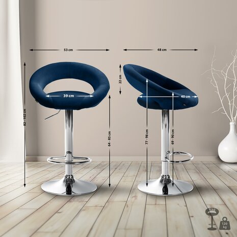 Barkruk Alindo Fluweel chroom, Blauw