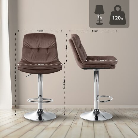 Barkruk Laurier Fluweel chroom, Bruin