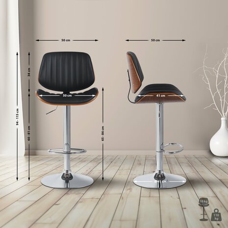 Barstoel Clowsan Kunstleer chroom, Zwart