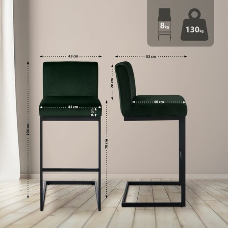 Barstoel Hepewoll Fluweel B, Groen