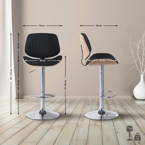 2-delige set barkruk Clowsan stof chroom, Zwart